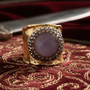 🆕️Boho Luxe Handmade Turkish Gold-Plated Wide Ring With Pink Cat’s Eye Hematite